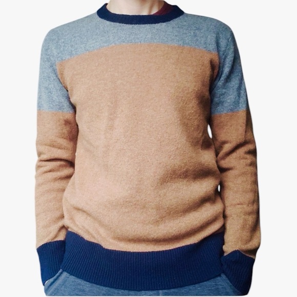 J. Crew 100% Lambswool Gray Navy Brown Color Block Crewneck sweater - Picture 1 of 6